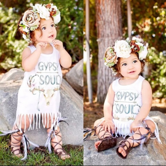 COPY - Toddler “Gypsy Soul” Longhorn print, fringed tank/tee dress 12m 24m 3t - Picture 1 of 3